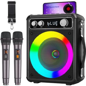 Karaoke Machine for Adults & Kids, Portable Bluetooth Speaker with 2 Wireless Microphones, PA System with LED Light, Karaoke Machine Supports REC/FM/AUX/USB/TF for Party/Meeting