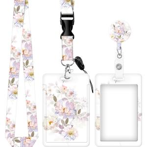 ID Badge Holder with Retractable and Detachable Lanyard, Cute Badge Reel Breakaway Lanyard with Carabiner Clip for Teachers, Nurses, Perfect Work and Office(Cute Watercolor Floral)