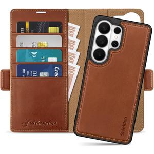 SHIELDON 2-in-1 Case Wallet for Galaxy S26 Ultra 6.9" 2026, Genuine Leather, Detachable, Magnetic, RFID Blocking Credit Card Slot, Kickstand, Shockproof, Not Support Wireless Charging - Retro Brown