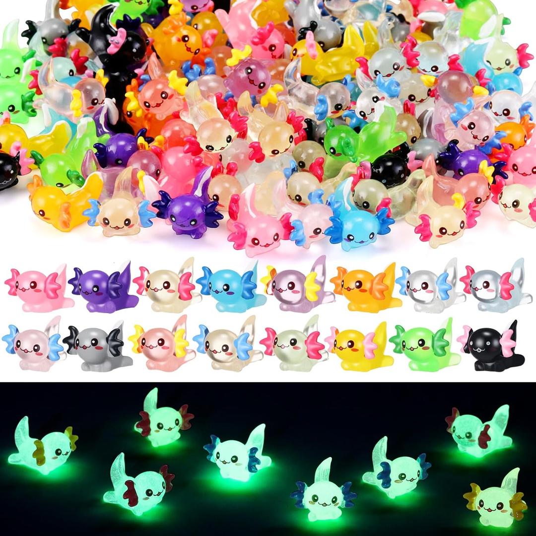 WLEAD 48PCS Mini Resin Axolotl Miniature Figurine - 16 Colors (8 Glow in The Dark & 8 Non-Luminous) 3 Pieces per Color, Mini Plastic Animals for Aquarium, Garden Micro Landscape, DIY Dollhouse Decor