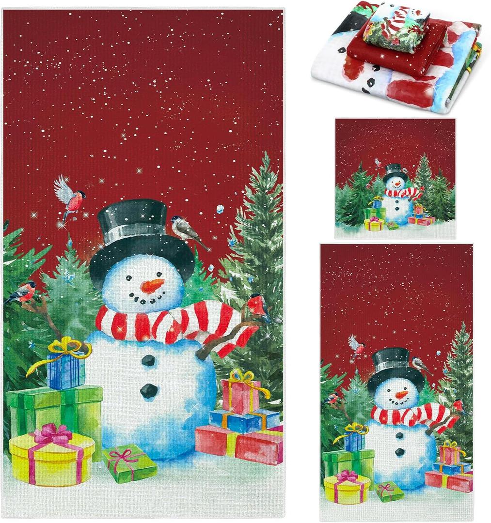 Preboun 3 Pack Christmas Snowman Bathroom Towels Set Winter Hand Towels for Xmas Trees Bath Winter Dish Snowman Wash Cloth for Bathroom Kitchen Hotel Beach Gym Spa (Red)
