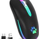 FUWANG Wireless Mouse, Rechargeable LED Wireless Bluetooth Mouse, Portable USB Optical 2.4G Bluetooth Two Mode Computer Mice with USB & Type-c Receiver for Laptop/Tablet/Computer/PC, Black