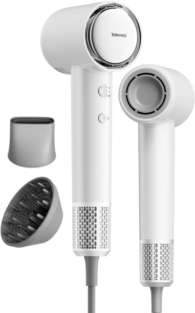 Tideway Hair Dryer, Blow Dryer with Diffuser, Ionic Professional High-Speed 1500W Low-Noise, 110,000 RPM Brushless Motor, Fast Drying, Travel Compact for Women & Men (White)
