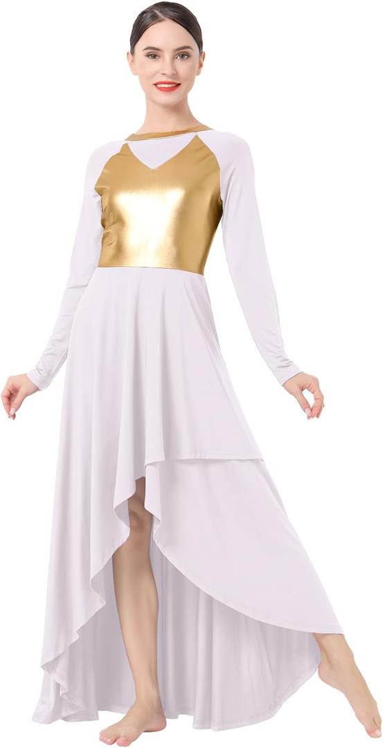 IBAKOM Women Gold Metallic High Low Praise Dance Dress Long Church Liturgical Worship Costume Tunic Lyrical Dance Outfits (X-Large)