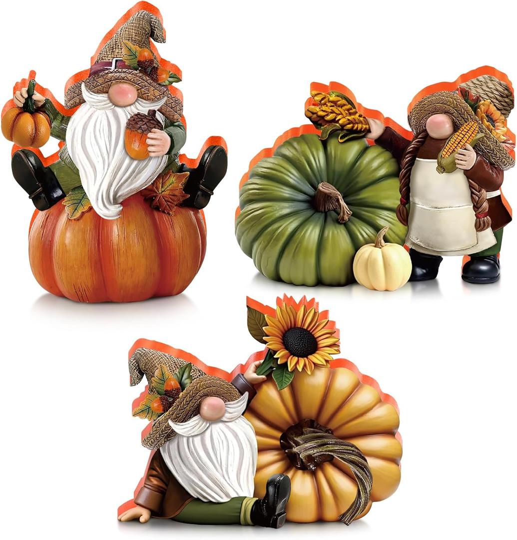 DoubleFill 3 Pcs Fall Pumpkin Gnome Thanksgiving Figurines Wooden Figurines Wood Decorations for Party Home Table Decor Gifts
