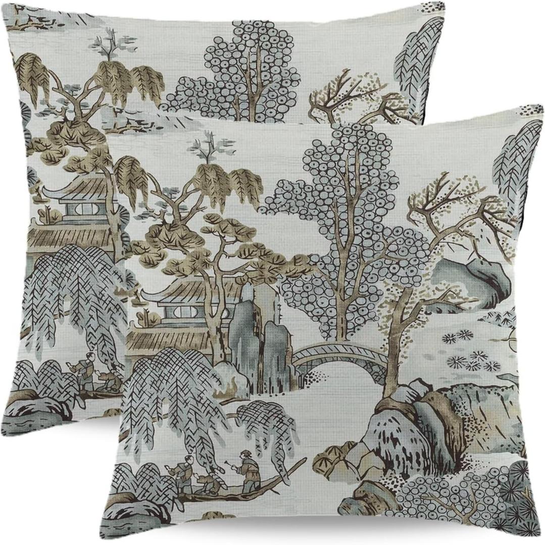 Chinoiserie Pillow Covers 20x20 Inch Set of 2 Asian Scenic Grey and Brown Throw Pillows Farmhouse Chinoiserie Decorative Pillowcase Linen Cushion Cover for Home Sofa Bedroom Outdoor