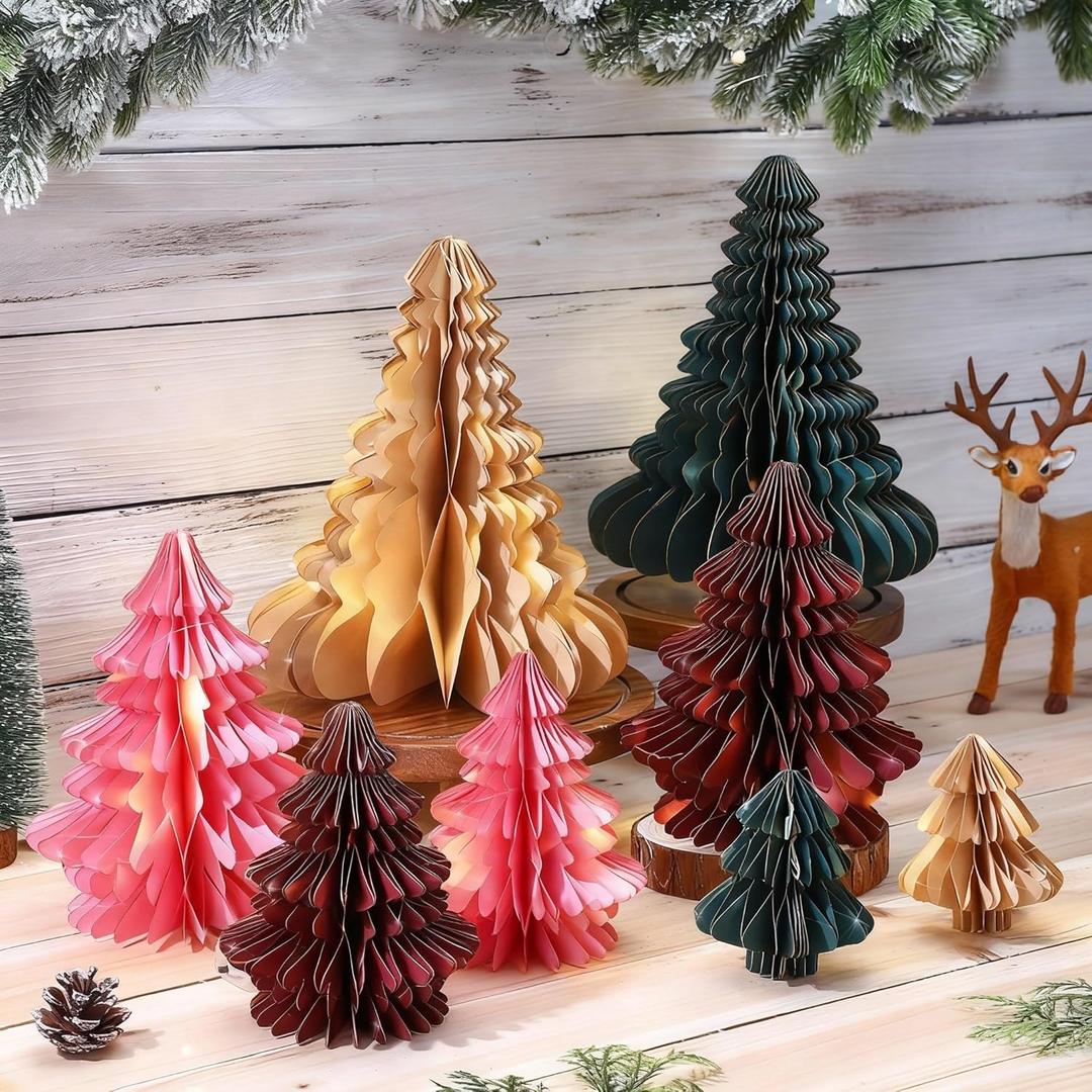 Faccito 8 Pcs Neutral Paper Christmas Tree Honeycomb Centerpiece Paper Honeycomb Christmas Tree with 2 LED Light Strings Holiday Hanging Decoration Table Centerpiece (Bright Color)