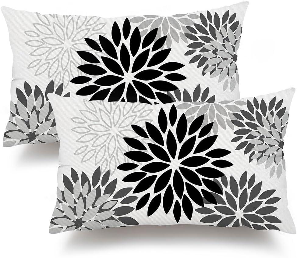 DFXSZ Black Grey Flower Pillow Covers 12x20 Inch Set of 2 White Gray Colored Throw Pillows Outdoor Waterproof Decor for Living Room Sofa Patio Funiture Garden Floral Polyester Pillow Covers 002I12