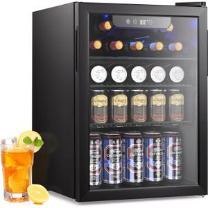 26 Bottle Cooler, 95 Cans Beverage Refrigerator, 2.6 cu.ft Drink Fridge Digital Temperature Control for Beer, Soda,Water, Drink Cooler for Home Office Bar (Black)