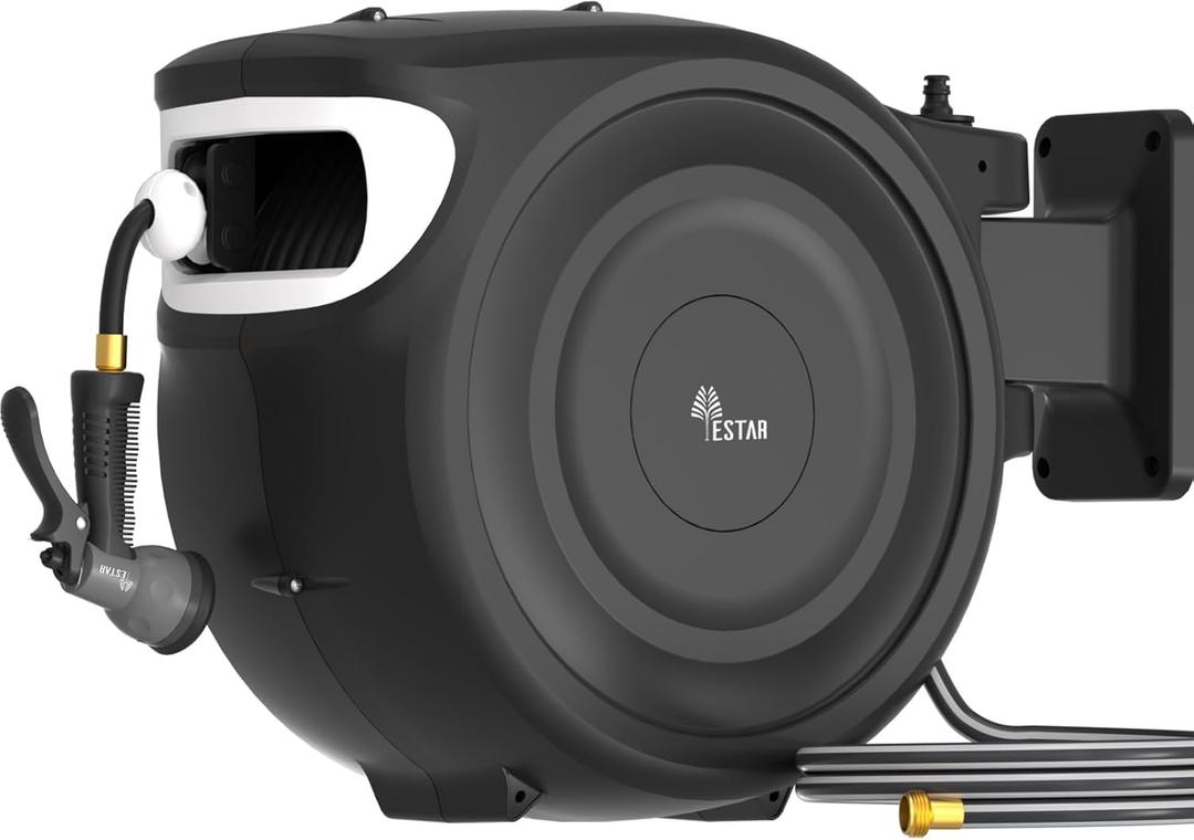 Retractable Garden Hose Reel 1/2"x130 ft, Automatic Hose Reel with 7 Pattern Nozzle,Any Length Lock Wall Mounted &180 Deg Swivel (Gray)