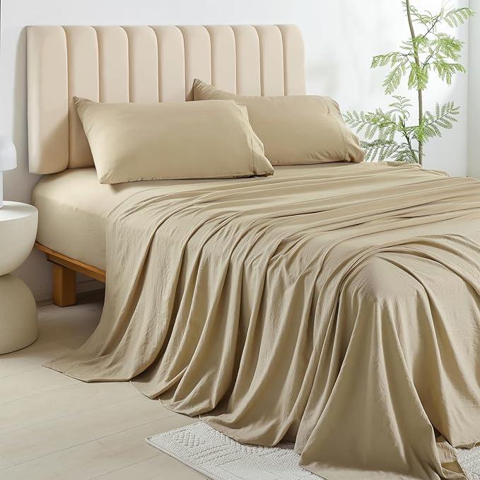 AKK Beige Sheet Set King Size - Soft Microfiber Bed Sheets for Extra Deep Pocket, Hotel Luxury Cooling Bedding Sets, Wrinkle Free Oeko-Tex, 4 Piece