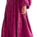 Women Floral Embroidered Maxi Dress Long Puff Sleeve Square Neck Bohemian Flowy Dress with Pockets Summer Fall (Medium, Rose)