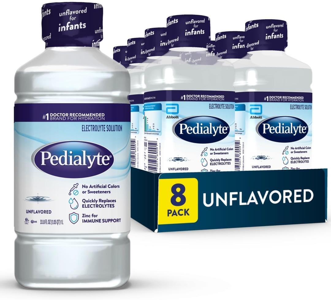 Pedialyte Electrolyte Drink , Hydration Drinks for Kids & Adults, Unflavored, 1 Liter, Pack of 8 (EXP 07/01/28)