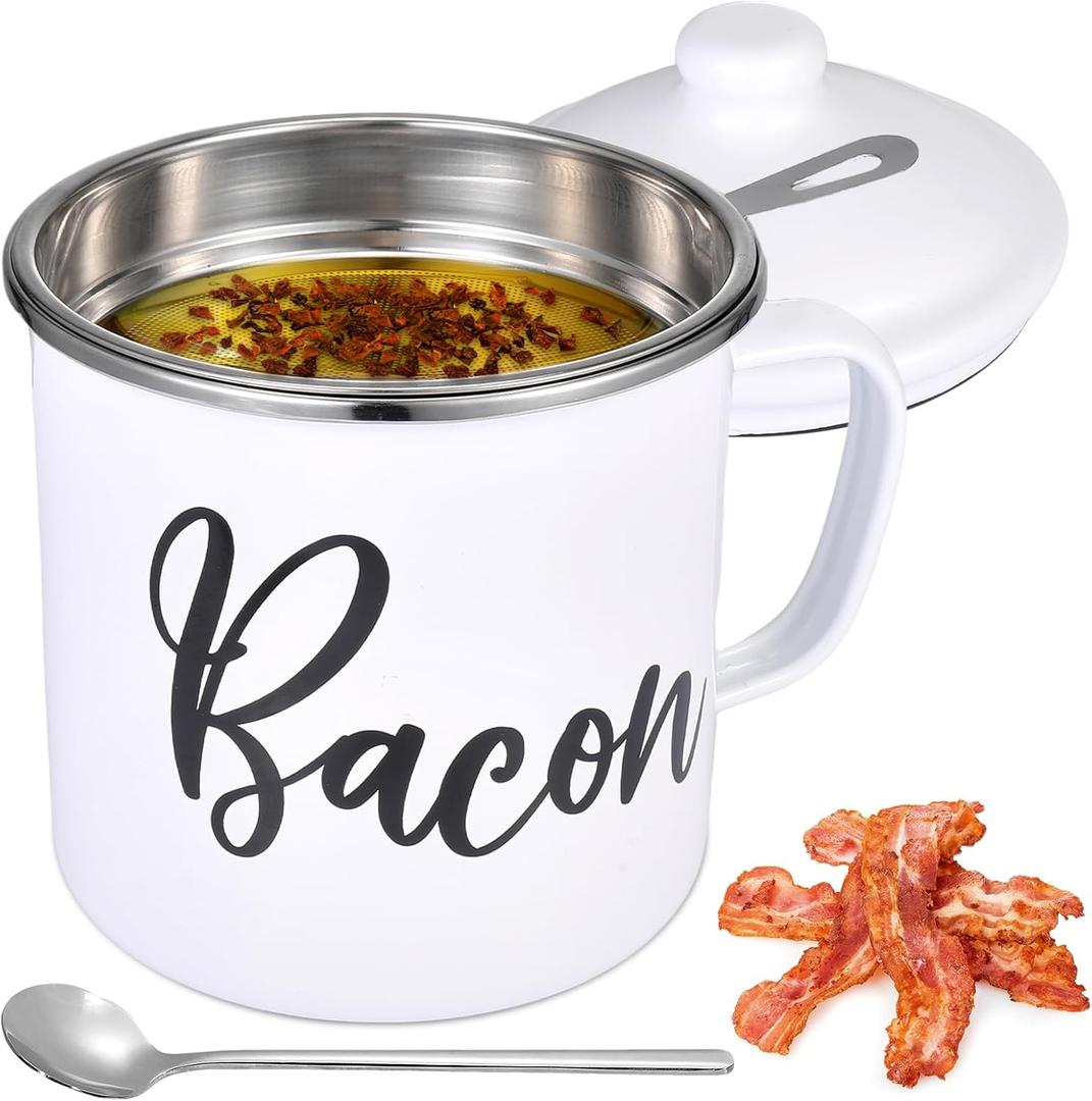 Bacon Grease Container with Strainer - 15oz Bacon Grease Saver with strainer,Grease Container For Kitchen Fat Storage, Dishwasher Safe- White