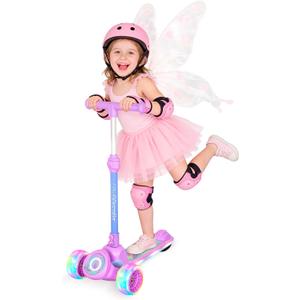Nattork Kids Scooter for Girls with Light Up Wheels, Deck and Headlight, Wide Anti-Slip Deck and T-bar Handle with Rear Foot Brake, Adjustable Height 3 Wheel Scooter for Kids Ages 3+ and up to 220Lbs