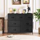 7-Drawer Dresser for Bedroom, Anti-Tip Wide Storage Organizer Fabric Chest of Drawers TV Stand for 45" TV with Wooden Top and Metal Frame for Closet, Living Room, Hallway, Entryway, Black