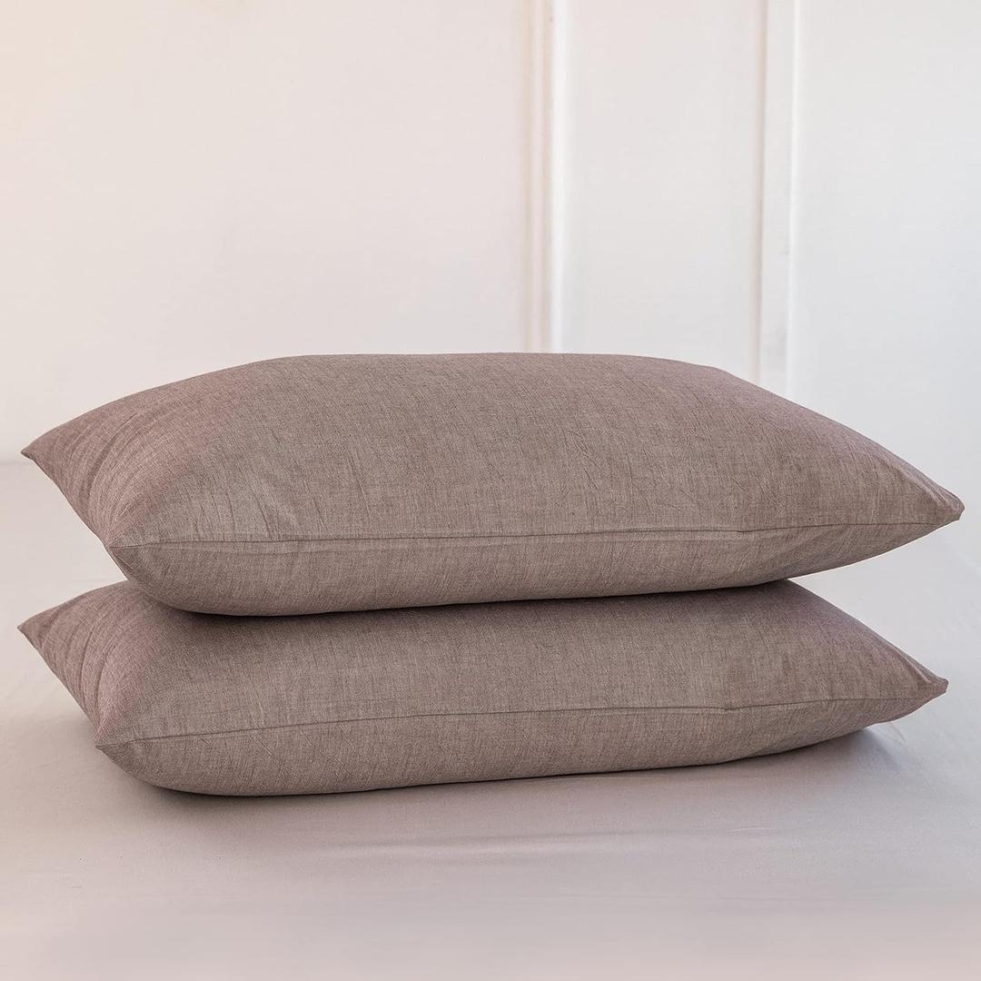 MooMee Bedding Pillowcases Pack of 2 100% Washed Cotton Linen Like Textured Breathable Durable Soft Comfy (Heathered Mauve Brown, King)
