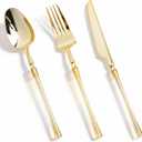 150PCS Gold Plastic Silverware, Heavy Duty Cutlery Silverware, Disposable Plastic Utensils, Include 50 Forks, 50 Knives, 50 Spoons for Party and Wedding, Shiny Gold