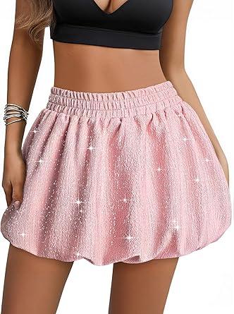 Women Bubble Mini Skirt High Waisted Puffy Balloon Short Skirts Sparkly Glitter Going Out Club Skirt L