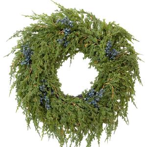 16" Spring Wreaths for Front Door, Artificial Greenery Wreath with Blueberry, Green Norfolk Pine and Cedar for Wall, Porch, or Indoor Outdoor Decor, Real Touch Cedar Foliage