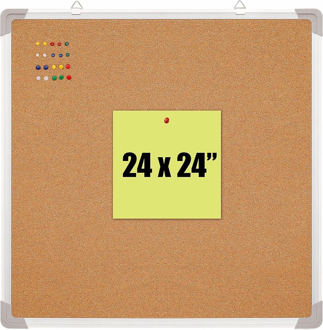 Cork Board Set - Bulletin Corkboard 24 x 24 inch Framed with 10 Thumb Tacks - Wall Hanging Message Memo Pin Tackboard Organizer for Home, Office, Desk and Cubicle (Cork 24x24)