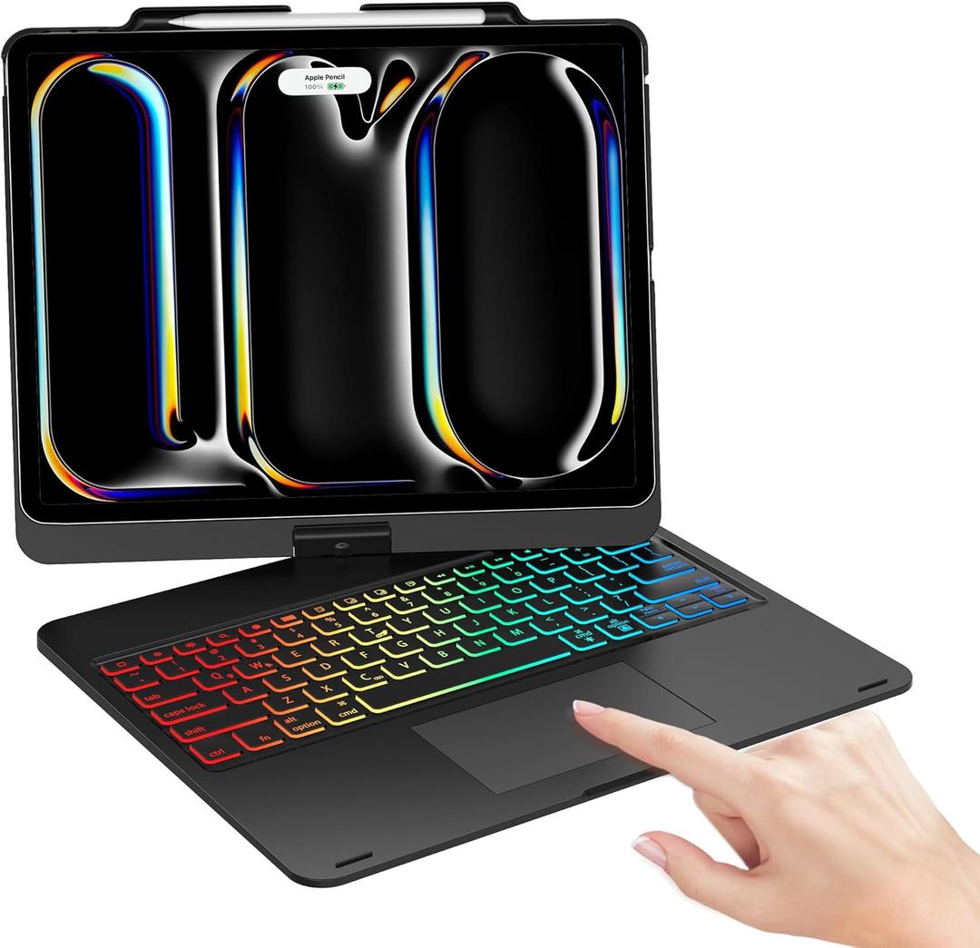 Swivel Keyboard Case for iPad Pro 13 inch (M5/M4) & iPad Air 13 (M4/M3/M2) & iPad Pro 12.9 (6th/5th/4th/3rd Gen), Rainbow Backlight,Multi-Touch Trackpad, 360° Rotatable Protective Case with Pen Holder