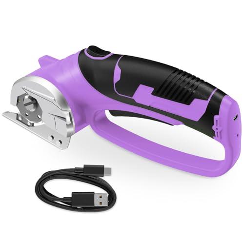 Cordless Electric Scissors, 4V Rechargeable Box Cutter & Cardboard Cutter with Titanium Blade, LED Light, Safety Lock - Rotary Cutter for Fabric, Leather, Carpet, Plastic, Crafting, Sewing(Purple)