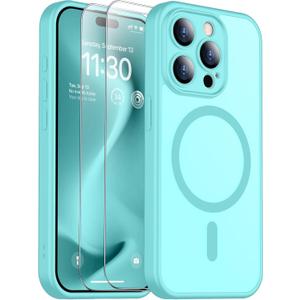 SPIDERCASE for iPhone 15 Pro Case, Magnetic Translucent Matte Case with 2PCS Tempered Glass Screen Protector Slim Phone Case for iPhone 15 Pro 6.1'', Blue Green
