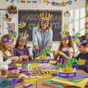 Soulchen 48 Sets Mardi Gras Crowns Jester Hat Craft Kit with Pompoms Diamond Stickers Mardi Gras DIY Paper Hat Crown Headpiece for Carnival Craft Favors Supplies Decoration