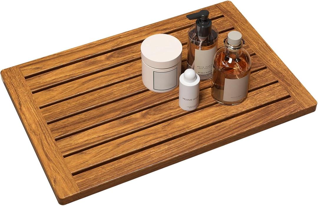 Teak Shower Mat, 21"x14" Wood Bath Mat Non-Slip Bathroom Mat Teak Bath Mats for Bathroom, Wooden Floor Mat Bathroom Mat for Inside, Outdoor or Spa (Small) (Natural)