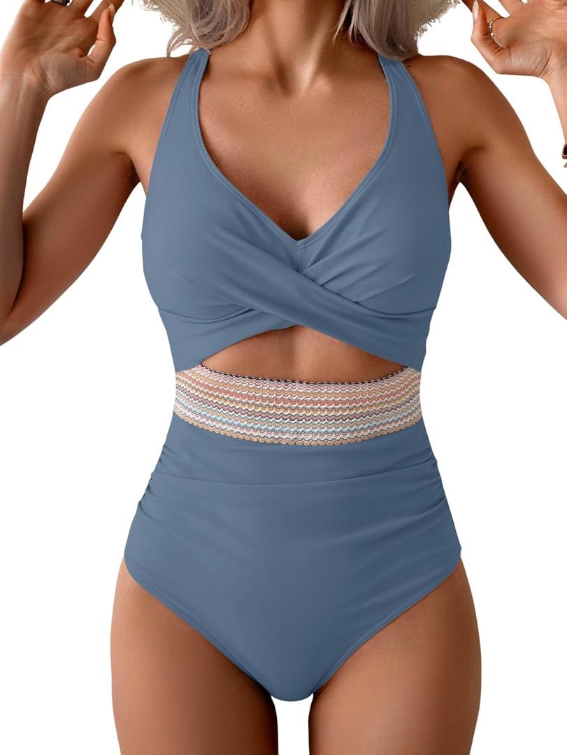 B2prity One Piece Swimsuit for Women Tummy Control V Neck Bathing Suit Color Block High Waisted Cutout Swimwear (Large, Gray Blue)