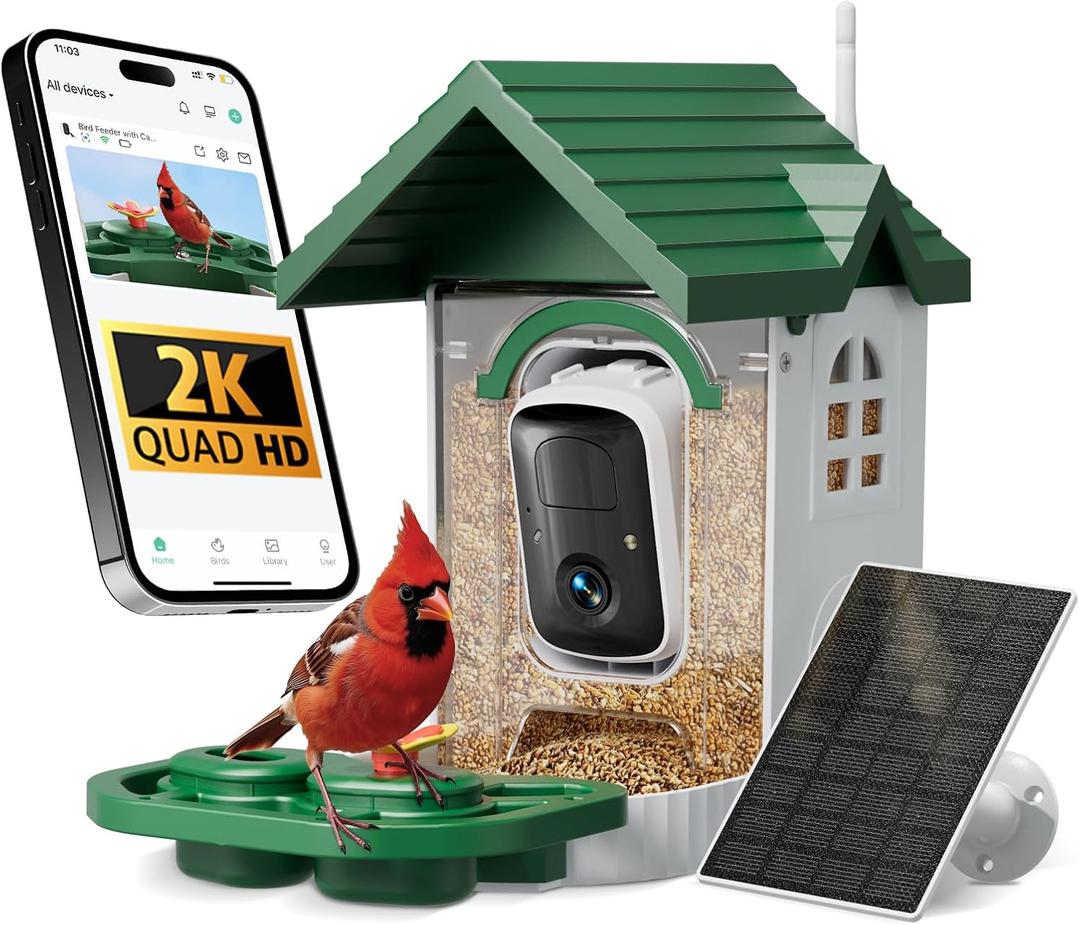 Bird Feeder with Camera, 2K HD Solar Powered Birdhouse with Cam for Outdoors, AI Identify Birds Species, Auto Capture & Real-time Notifications (Green)