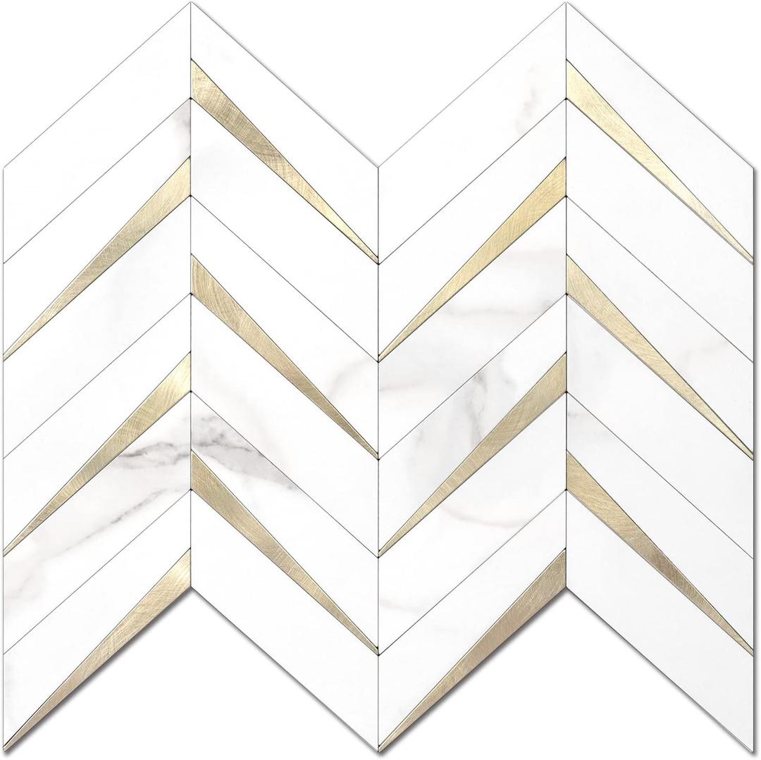 STICKGOO 10-Sheet Herringbone Tile Peel and Stick Backsplash, White Marble PVC Mixed Metal Gold Stick on Backsplash, Self Adhesive Wall Tile for Kitchen and Bathroom