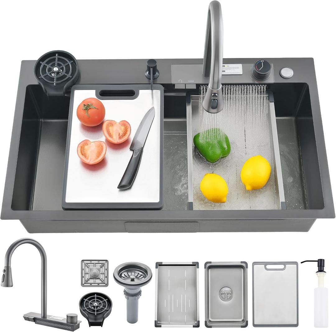 32" x 18" Black-Gray Waterfall Kitchen Sink, Drop In Stainless Steel Modern Single Bowl Sink with Pull-Out Spray Faucet, Cup Washer & Accessories