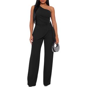 Ekaliy Women's 2 Piece Pants Suit Sexy One Shoulder Top Flare Pants Sets Elegant Jumpsuits Formal Going Out Suit (Black, XL)