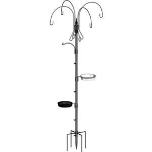 Bird Feeding Pole, 75 Inch 4 Hooks Heavy-Duty Feeder and Water Dispenser Shepherd Hook, Feeding Station With Ground Stake, Outside (Black)