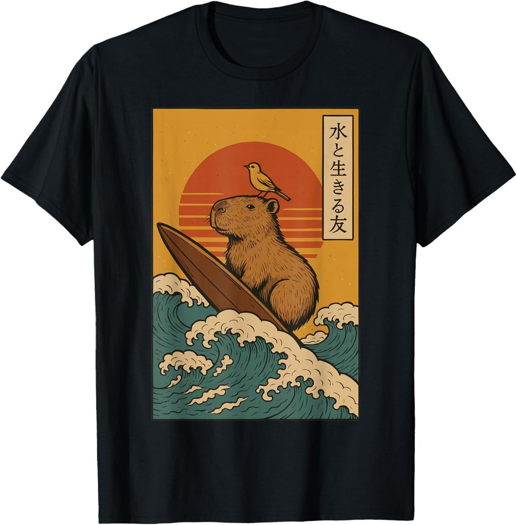 Capybara Surfing Japanese T-Shirt, Size S