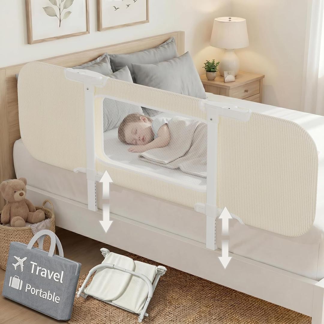 NUTIKAS Portable Bed Rails for Toddlers, 46" Foldable Travel Bed Rail for Camper Bunk, Twin, Full, Queen & King Size Bed, Collapsible Kids Safety Bedrail with Adjustable Height