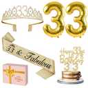 33 Birthday Decorations Women Gold with 33rd Birthday Sash and Tiara, Cake Topper and Candles, Number Balloons, 33 Year Old Gifts for Women
