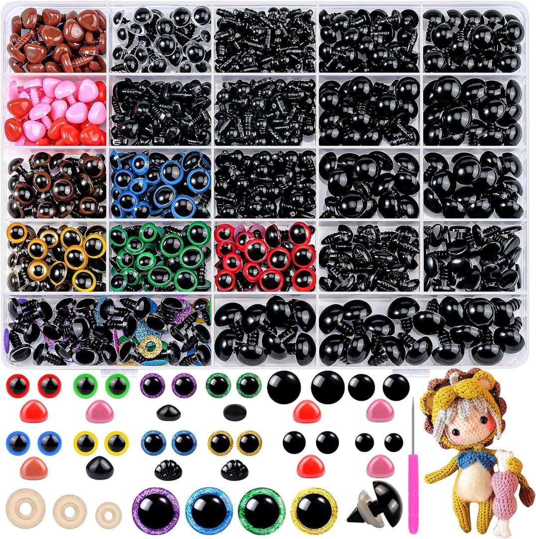 Fulasiteu 1100PCS Safety Eyes and Noses, Amigurumi Safety Eyes for Crocheting, Colorful Doll Crochet Eyes with Washers for Plush Animal, Crochet Toy, Stuffed Doll and Teddy Bear
