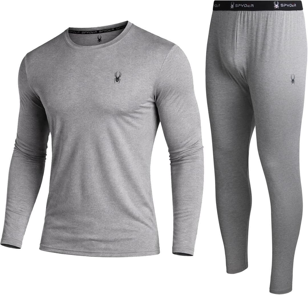 Spyder Mens Thermal Top and Bottom Set - 2 Piece Fleece Lined Thermal Shirts for Men and Long Johns Leggings Base Layer Set (X-Large, Heather Grey)