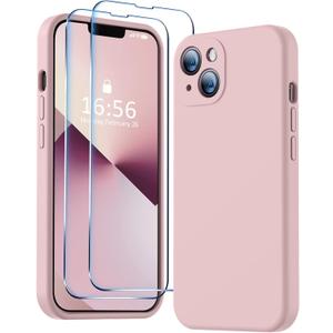 BossKiss Compatible with iPhone 14 Case, Silicone Upgraded [Camera Protection] [2 Pcs 9H Screen Protector], Soft Anti-Scratch Microfiber Lining, 6.1 inch, Pink Sand