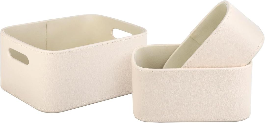 HofferRuffer Faux Leather Storage Baskets Bins with Velvet Lining for Organizing, Storage, Gifts, Set of 3 Nesting Shelf Baskets Decorative Storage Boxes for Home Organization (Cream White)