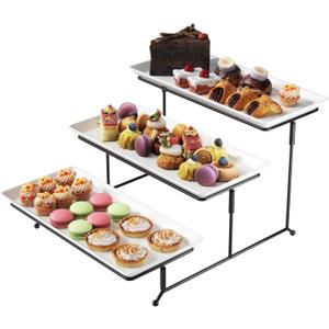 Gibson Home Gracious Dining Dinnerware, 3-Tier Rectangle Plate Set with Metal Stand, White