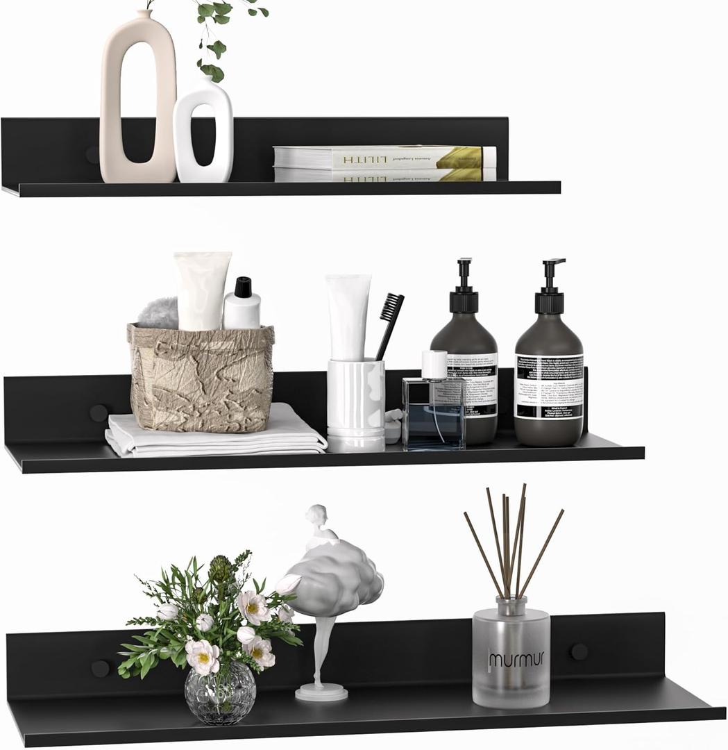 Floating Shelves for Wall Set of 3, Black Metal Wall Shelves for Bathroom 11.8/13.8/15.7 in, Modern Small Adhesive Shelf for Living Room, Bedroom, Office, Kitchen