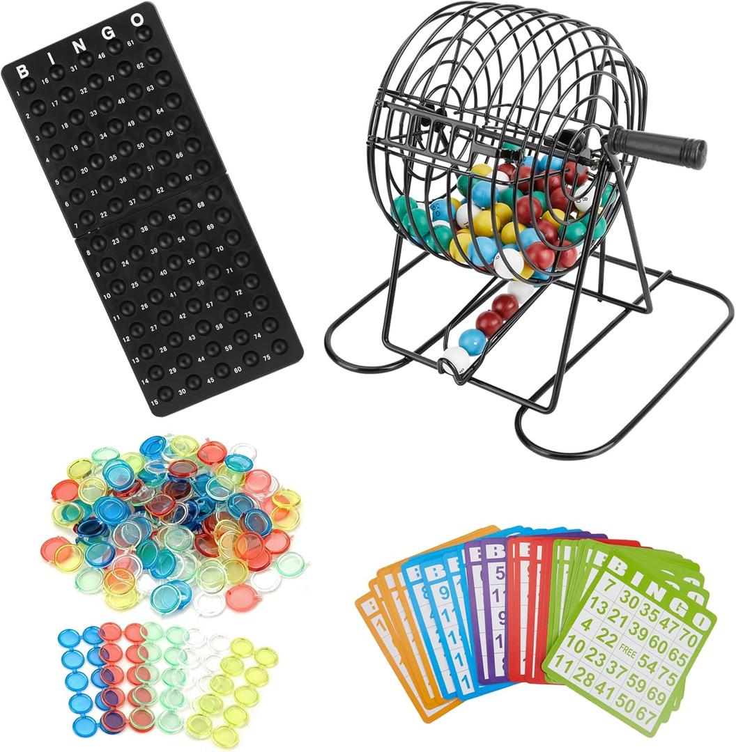 Bingo Game Set, Includes Bingo Wheel Cage, 75 Colored Bingo Balls, 50 Bingo Cards, 300 Colorful Bingo Chips, Master Board, Great for Large Groups, Parties