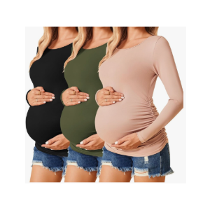 Ekouaer Womens Maternity Shirts Long Sleeve 3 Packs Pregnancy Tee Top Tunic Blouse Casual Mama Clothes, Size Medium