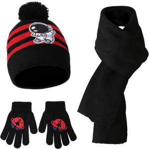 3 Set Unicorn Kids Toddlers Winter Knit Hat Scarf Gloves Set for Boys Girls Age 4-7 Pompom Hat Mittens Scarves (Black and Red)