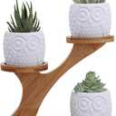 3pcs Owl Succulent Pots with 3 Tier Bamboo Saucers Stand Holder - White Modern Decorative Ceramic Flower Planter with Drainage - Home Office Desk Garden Mini Cactus Plant Pot Indoor Decoration