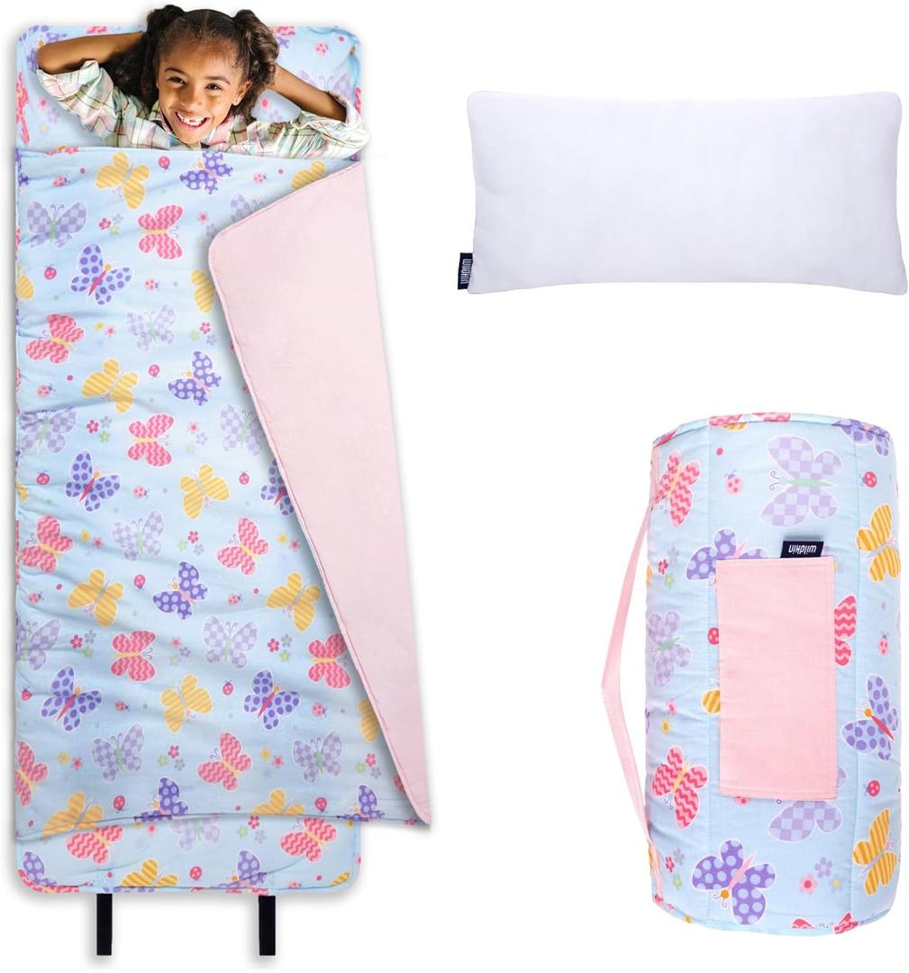 Wildkin Kids Original Nap Mat  Cozy Kids Sleep Mat with Pillow, ideal for School & Travel (Butterfly Garden)